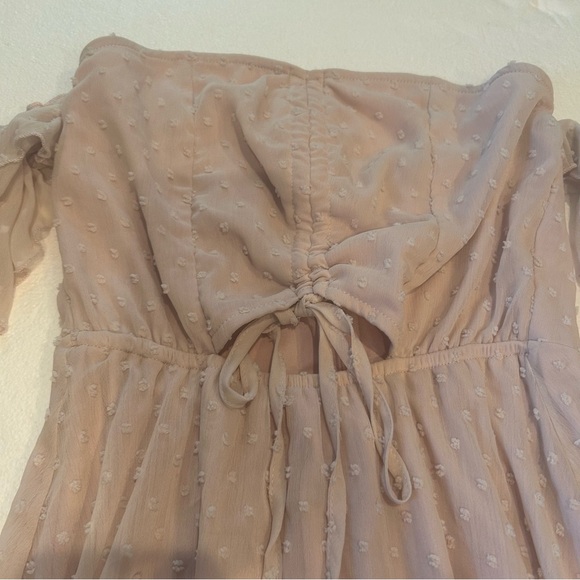 Double zero off the shoulder ruched draw front Swiss dot pink mini dress - Picture 6 of 10